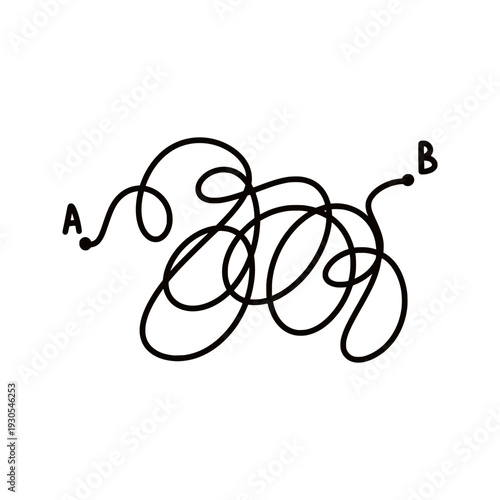 Complex messy path from point A to point B. Concept of difficult journey, problem solving, complicated process or finding solution. Line from A to B illustration.