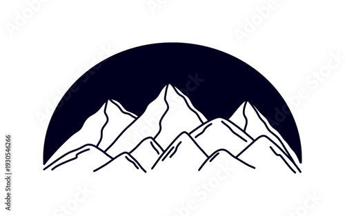 Minimalist mountain range silhouette inside semi-circle. Modern outdoor adventure logo or travel badge for camping and hiking enthusiasts. Mountains silhouette, isolated on white background.