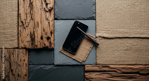 Clean tech products—keyboard, smartphone, and tablet—are positioned on a striking geometric collage of diverse textures, including river stones, woven mats, and aged wood.