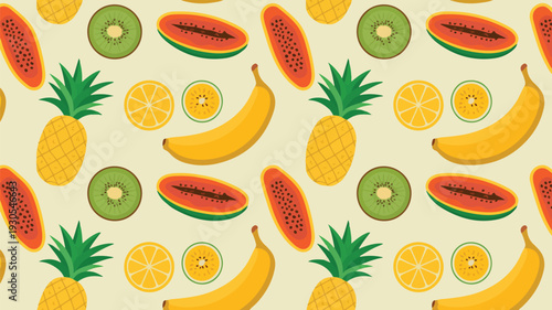 Tropical fruit repeat pattern with papaya slices whole bananas pineapple and kiwi icons