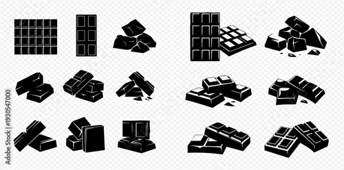 Set of black and white chocolate bars and broken pieces, sweet dessert food icons.