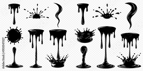 Set of black liquid drips, splashes, and splatters on a transparent background.