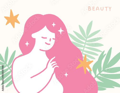 Skin care concept handdrawn illustration of beautiful woman with beautiful hair.