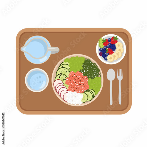 Fresh Salmon Poke Bowl with Edamame, Cucumber, and Seaweed on Serving Tray