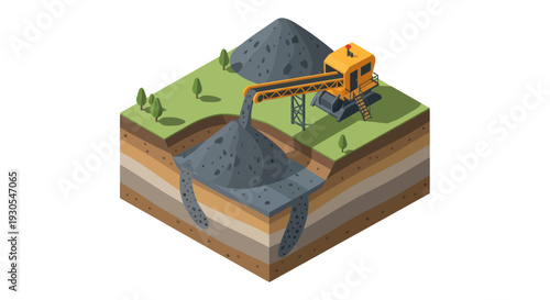 3D Isometric Illustration of Mining Operation with Excavator and Mineral Deposits.