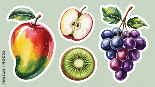 Set of fruit stickers with mango, apple slice, kiwi, and grapes on light green background