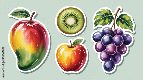 Set of fruit stickers featuring mango, kiwi slice, whole apple, and grapes