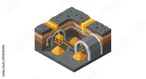 Isometric illustration of a gold mine with excavated ore and machinery.