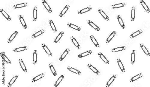 Black and white seamless pattern of safety pins, scattered orientation, simple stylized outline design, random arrangement, minimal background, fashion accessory illustration