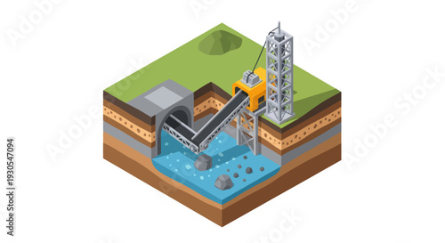Isometric illustration of an oil rig extracting crude oil from underground reservoir.