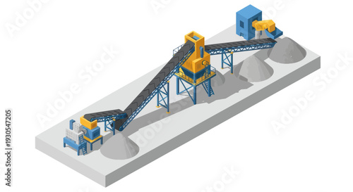 Industrial conveyor belt system with machinery and sand piles.