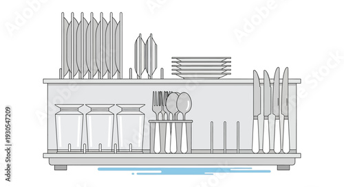 A simple illustration depicts kitchen dishware and cutlery neatly arranged on shelves a stark silhouette high quality professional detailed modern elegant