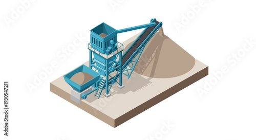 3D illustration of a sand processing plant with conveyor belt and machinery.