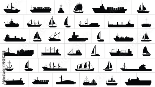 Collection of various sailboats cargo ships and ferries in black silhouette on white background for design and decoration
