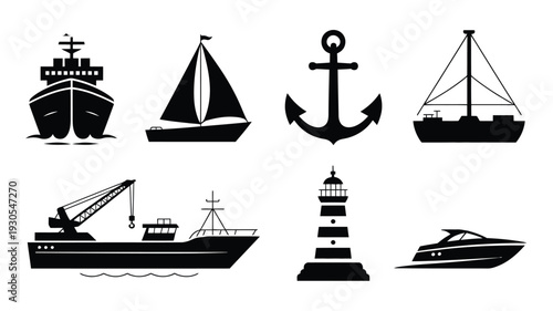 Nautical silhouette set cargo ship sailboat anchor lighthouse and more black icons on white background for maritime and shipping concepts