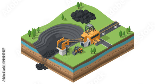 Coal mining operation with excavators and dump trucks.