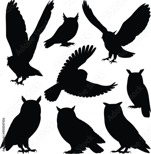 Collection of owl silhouettes in various flying and perched poses isolated on white background, nocturnal wildlife bird vector illustration set.