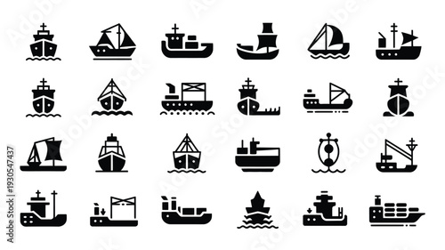 Collection of black silhouette icons featuring various ships boats and harbor vessels on a white background for design and transportation concepts
