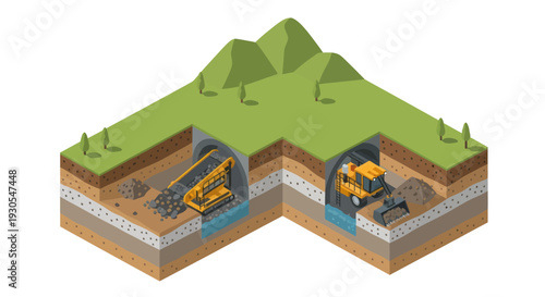 Underground Pumped Hydroelectric Energy Storage Facility with Two Reservoirs and Machinery.