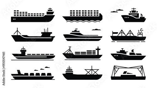 Collection of various cargo ship and harbor silhouette icons on white background for logistics and transportation concepts