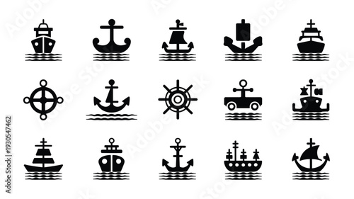 Collection of black nautical icons including ships anchors and steering wheels on water symbolizing ocean transportation and maritime navigation tools