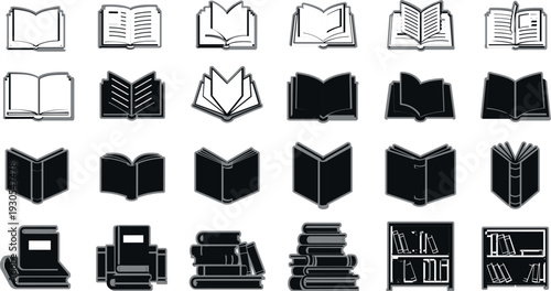 Book and library icons collection vector illustration featuring open books, stacked textbooks and reading symbols in outline and solid styles isolated set