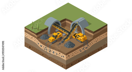 3D illustration of an open pit mine with excavators and dump trucks.