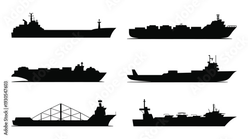 Silhouettes of various cargo ships and tankers in harbor for maritime transportation and logistics