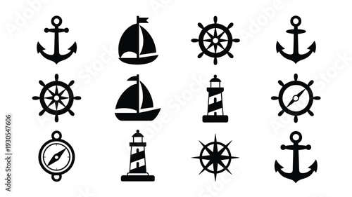 Nautical icons set including anchors ship wheels lighthouses and compasses for maritime and navigation themes