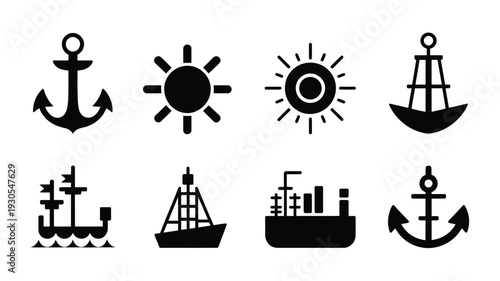 Nautical silhouette collection anchor ship and sun icons for harbor and sea themes in black on white background