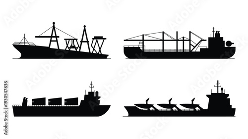 Set of four black silhouettes of cargo ships and tankers in various designs on white background for marine transport and logistics concepts
