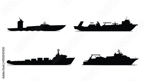 Set of four black silhouette ships and boats on white background for design and transport concepts