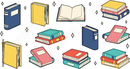 Textbook and book collection vector illustration featuring stacked novels, closed and open study books in colorful flat education design isolated set