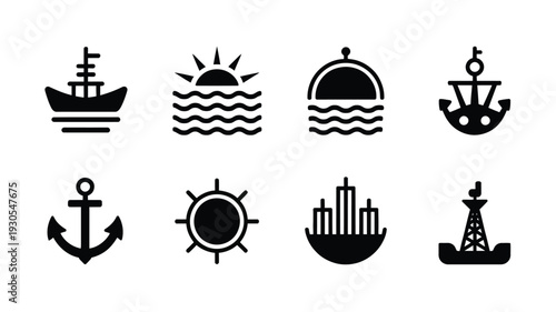 Collection of black silhouette icons representing sea and harbor elements including ships anchors and city skylines on white background perfect for maritime themed designs