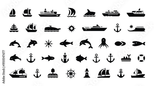 Nautical vector icons bundle ships boats fish sea creatures anchors and lighthouse symbols in black silhouettes on white background for marine and ocean themed designs