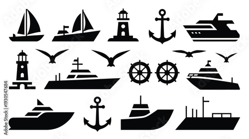 Nautical vector illustrations of boats ships lighthouses anchors seagulls and sailing icons in black on white background for marine and navigation concepts