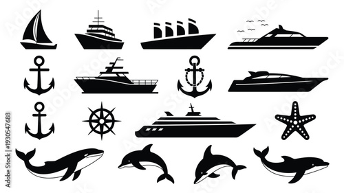 Vector illustration of nautical icons including ships boats dolphins anchors and starfish on white background