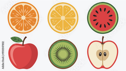 Collection of fresh fruit slices and whole fruits on white background