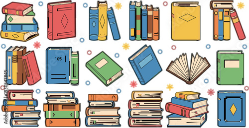 Books and textbooks collection vector illustration featuring stacked novels, school study books and open reading materials in colorful flat design isolated set
