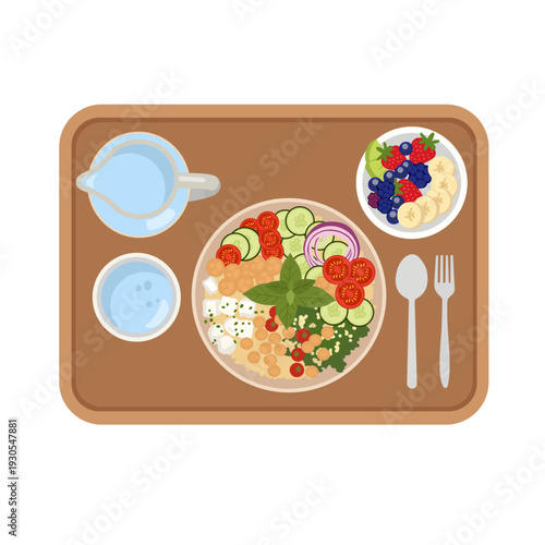 Mediterranean Chickpea Salad Bowl with Feta Cheese and Fresh Vegetables on Tray Illustration