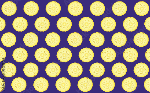 A vibrant and seamless repeating pattern featuring illustrated yellow pineapple slices arranged diagonally against a solid dark blue background. This fresh, fruity design is perfect for summer-themed 
