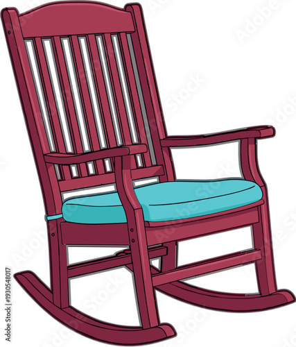 Red wooden rocking chair vector illustration with blue cushion seat, classic vintage furniture design isolated on light background for home interior decor