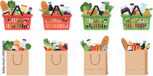 Supermarket grocery baskets and paper shopping bags with fresh food products vector illustration, retail market purchase concept isolated collection set
