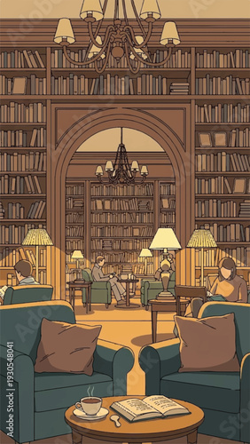 Cozy library lounge with warm lighting, shelves and plush seating for quiet reading and relaxation.