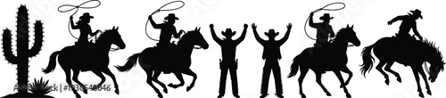 Western cowboy silhouette collection with horse rider, lasso action, bucking bronco and cactus, wild west rodeo illustration set isolated on white background.