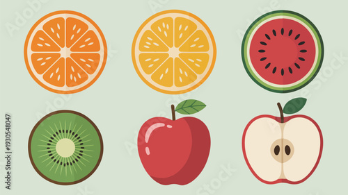 Assortment of fresh fruit slices and whole fruits on muted green background
