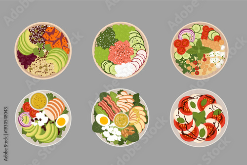 Variety of Healthy Salad Bowls and Poke Bowls with Fresh Ingredients Flat Illustration