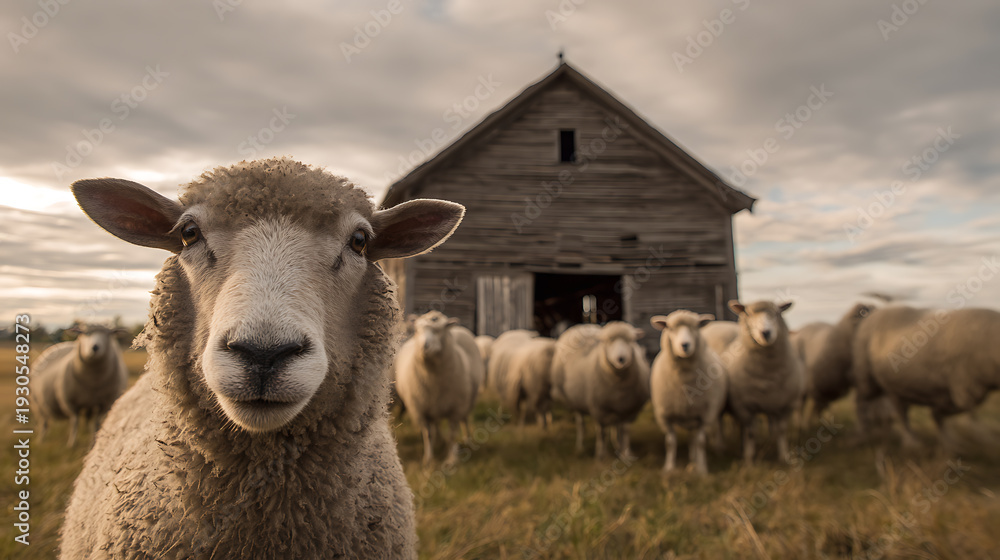 Obraz premium Curious Sheep Close-up on Pasture with Herd and Dilapidated Barn Under Dynamic Sky: Rustic Farm Life and Animal Portrait