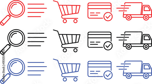 Shopping and delivery icons a collection of red, black, and blue outlines for web and app interfaces