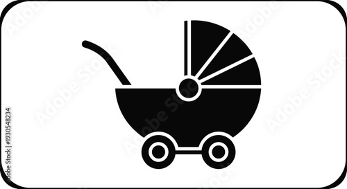Baby stroller silhouette icon in black and white, minimalist pram vector illustration isolated on background, newborn transportation symbol for parenting and childcare design